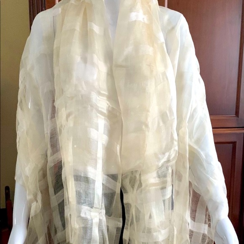 Silk & cotton blend cream color striped wrap extra long shawl - Picture 10 of 15